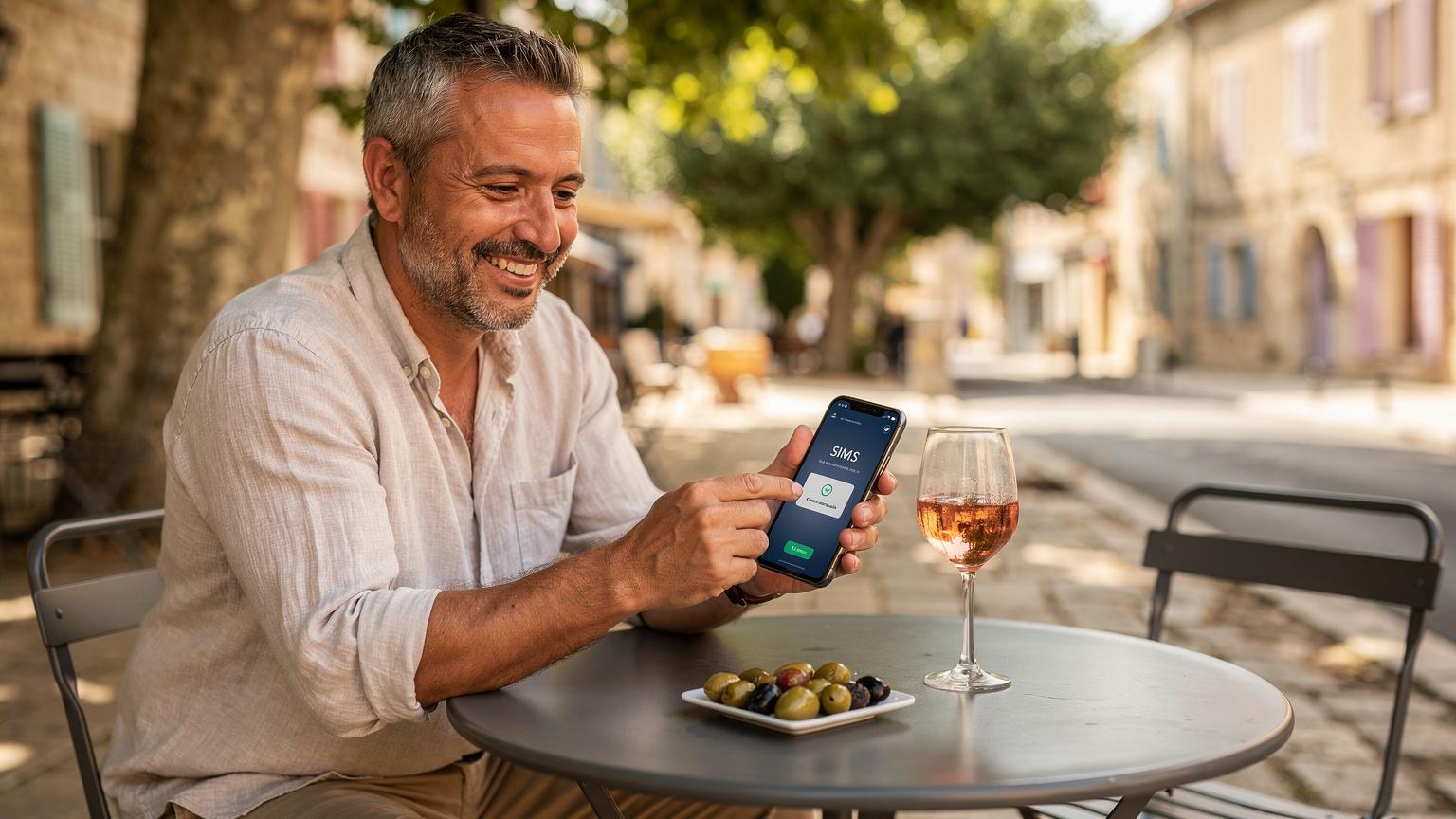 Un homme souriant et décontracté tient son smartphone dans une main, affichant un écran de confirmation d'activation d'eSIM, avec un verre de rosé sur une table de café en arrière-plan à Saint-Rémy-de-Provence.