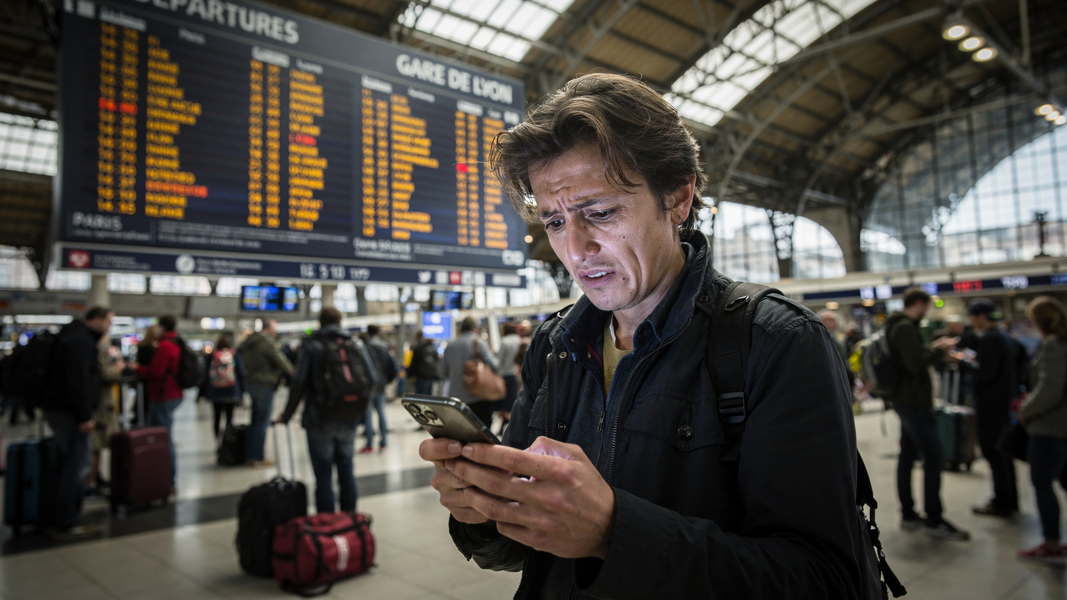 Un panneau d'affichage numérique à la gare de Lyon à Paris montre des retards de train, et une personne consulte anxieusement son téléphone pour des alternatives, la gare étant bondée de voyageurs.