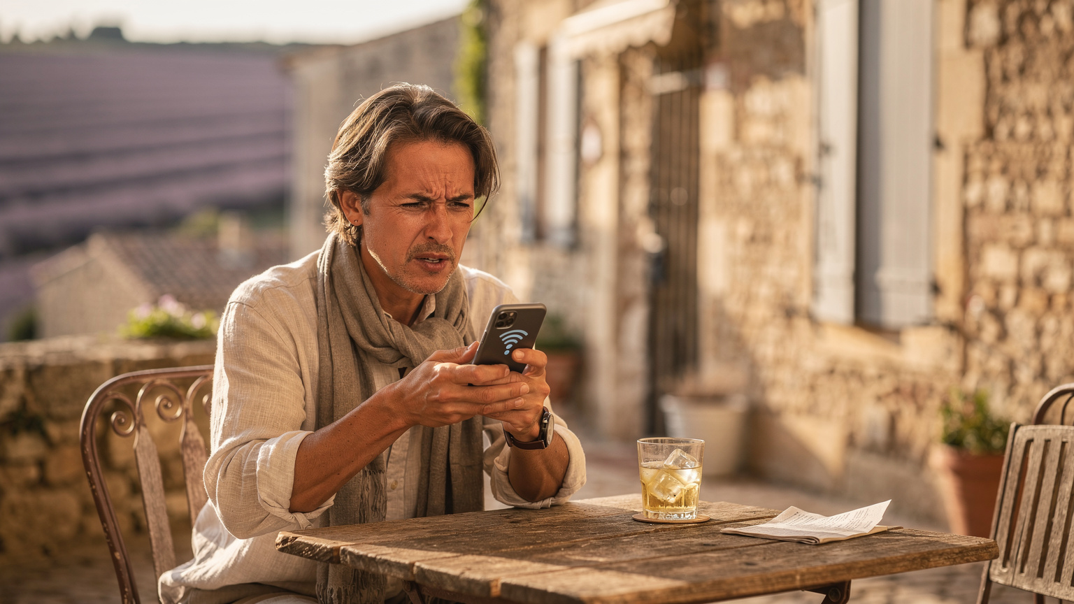Une personne consulte avec frustration son téléphone affichant 'Pas de service' alors qu'elle est assise à une terrasse de café dans un petit village provençal, entourée de vieilles pierres et de champs de lavande.