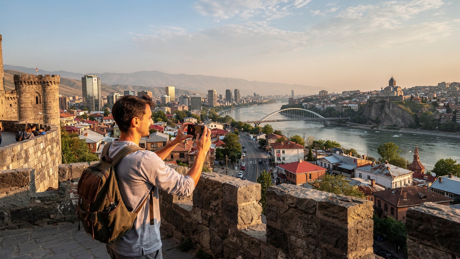 Tiflis'teki Narikala Kalesi'nden şehre bakarken, telefonunda hızlı internetin keyfini çıkaran bir gezgin.