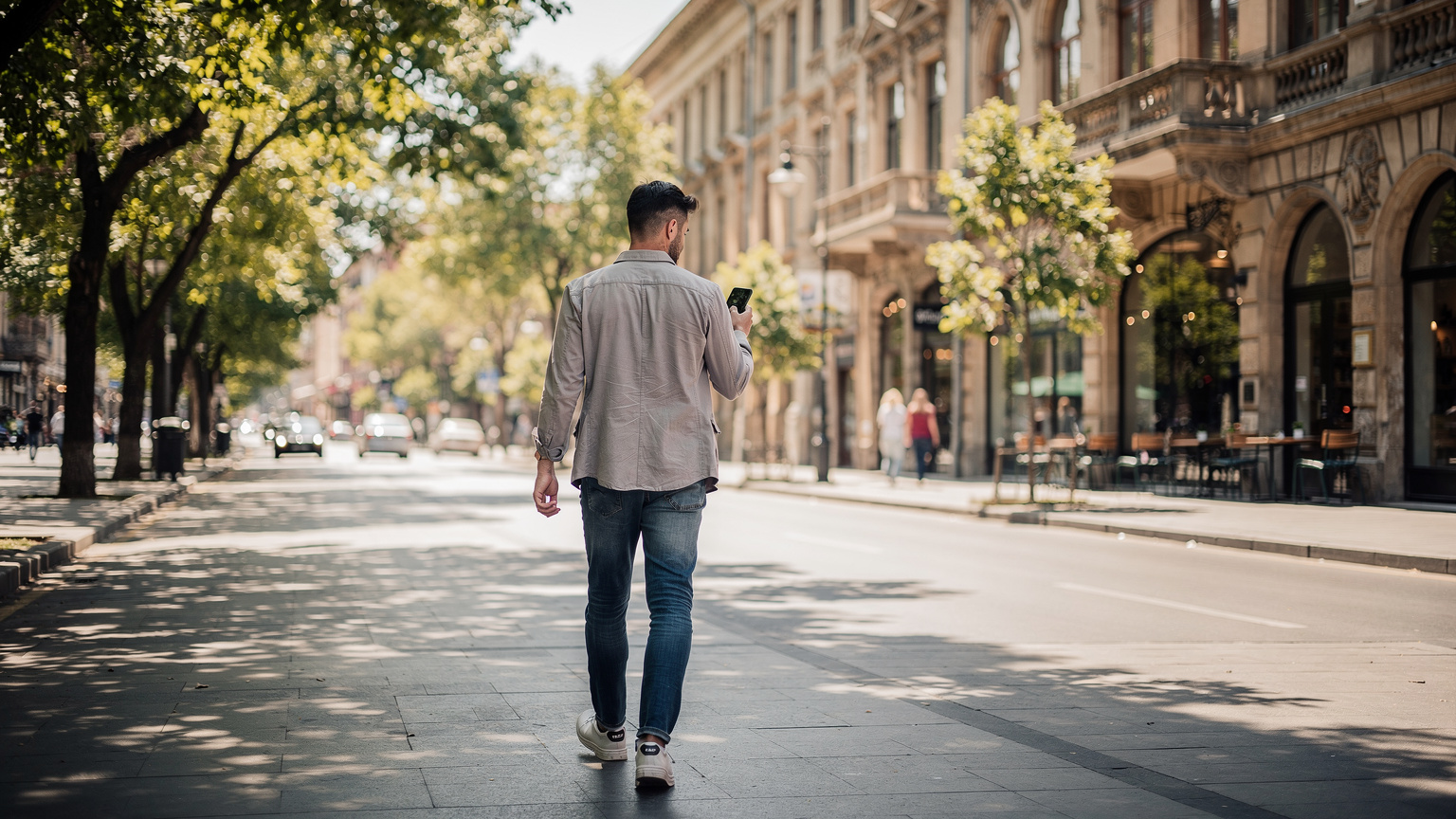Tiflis'in hareketli Rustaveli Bulvarı'nda, bir gezgin telefonunda ağ ayarlarını kontrol ediyor.