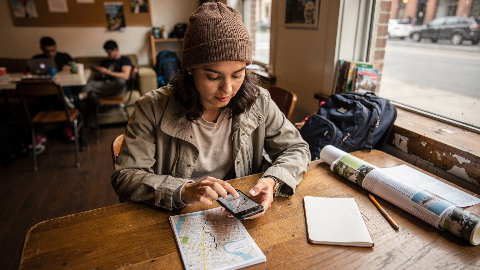 Pessoa jovem consultando um mapa da cidade de Nova York em seu smartphone, planejando a rota para o estádio.
