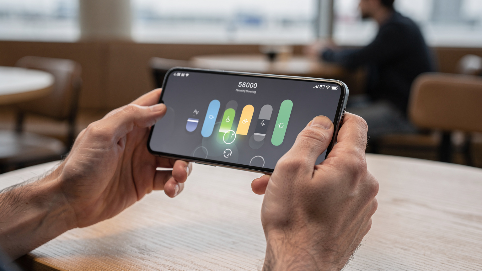 Mãos de uma pessoa segurando um smartphone, mostrando o aplicativo da Cellesim com informações sobre o plano de dados e o uso atual.
