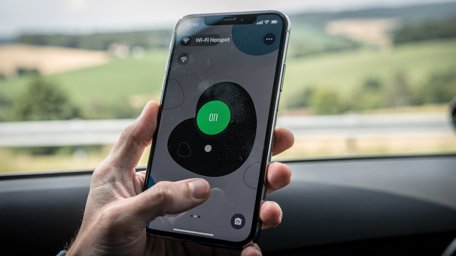 Et nærbillede af en smartphone, der viser Wi-Fi hotspot-indstillingerne, med et grønt 'tændt'-ikon. I baggrunden ses en bilrude med et forbipasserende landskab, let sløret.