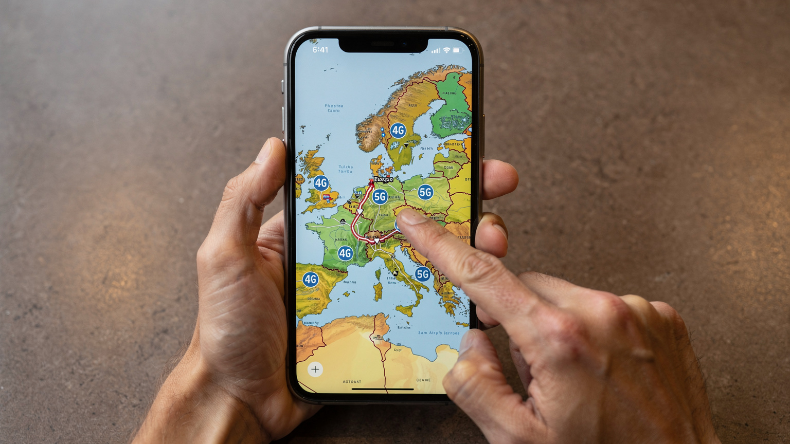 Et nærbillede af en smartphone, der viser et detailorienteret dækningskort over Europa, med små ikoner for 4G og 5G i forskellige områder. En hånd holder telefonen, mens den peger på en rute.