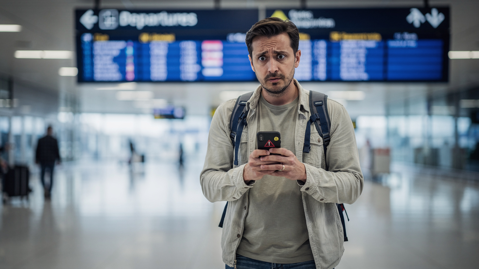 En bekymret person, der holder en smartphone med en fejlmeddelelse på skærmen, mens de står foran et internationalt lufthavnsskilt. Stemningen er præget af frustration og uforudsete problemer.