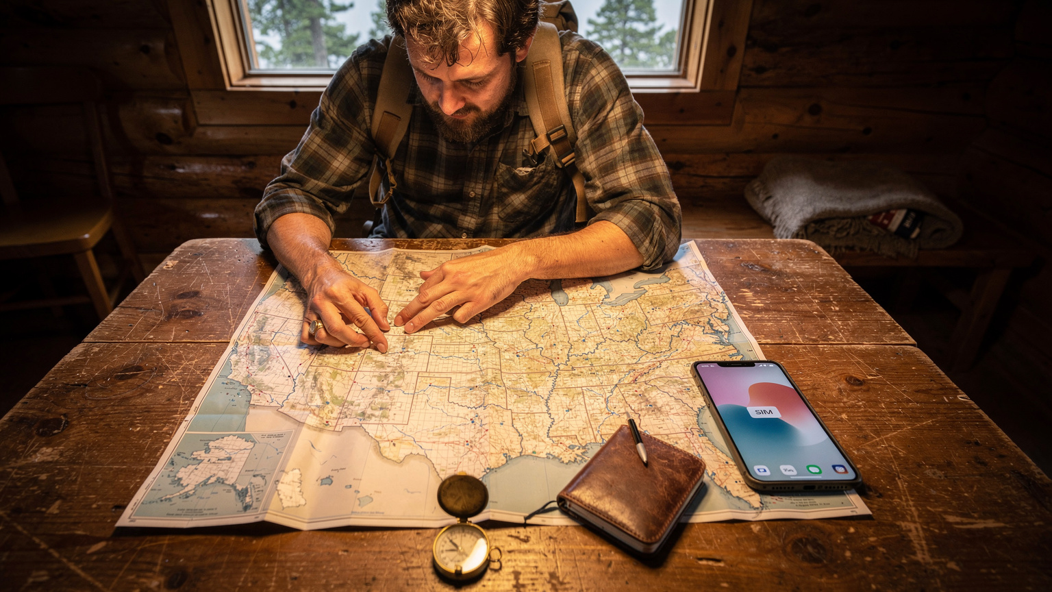 A backpacker in a rustic cabin studies a large, unfolded paper map of the American West, while her smartphone, displaying an eSIM app, rests on a wooden table beside a compass.