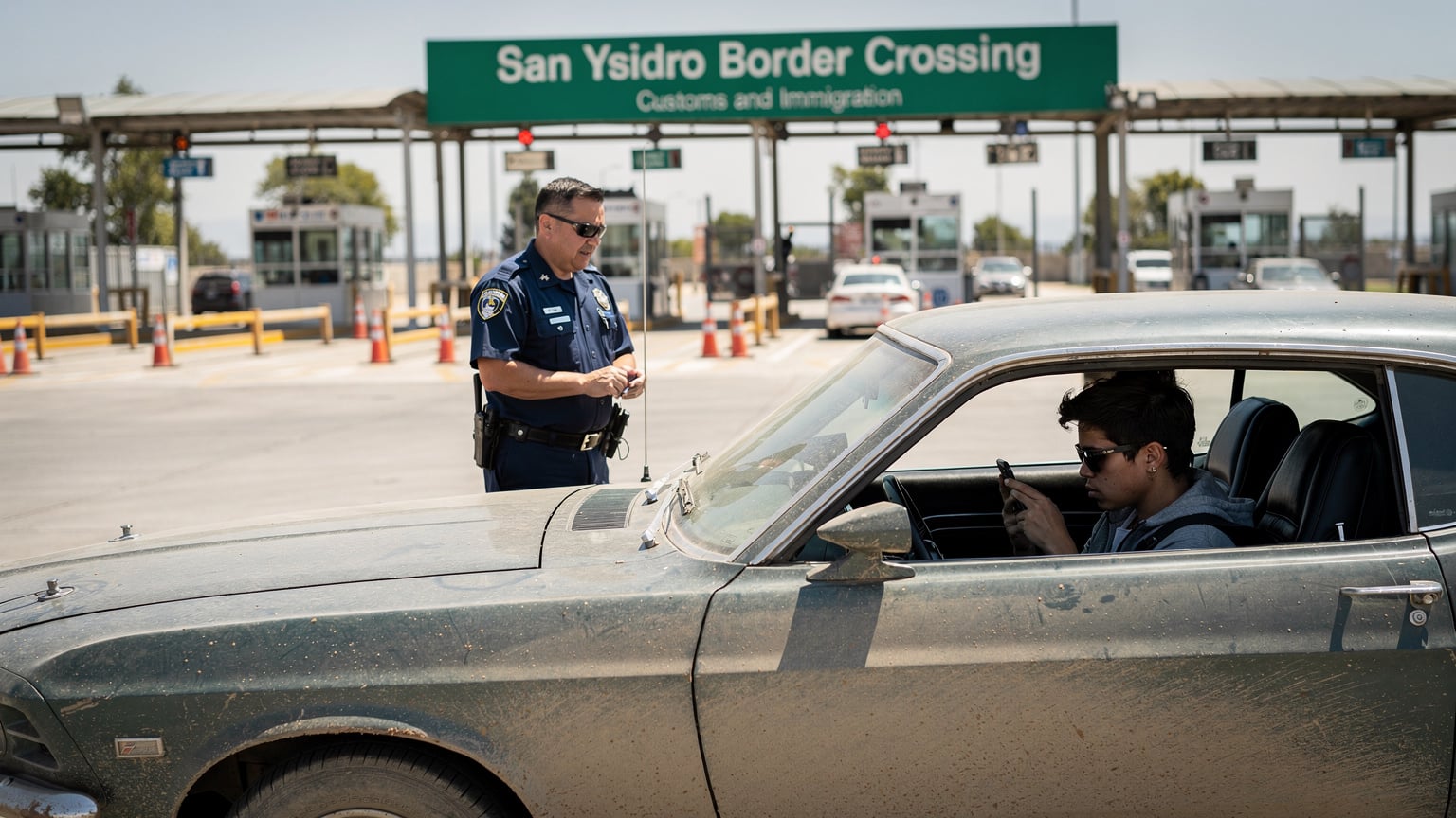 A vintage American muscle car is paused at a US-Mexico border crossing point, with a border agent interacting with the driver, while a passenger glances at their phone.