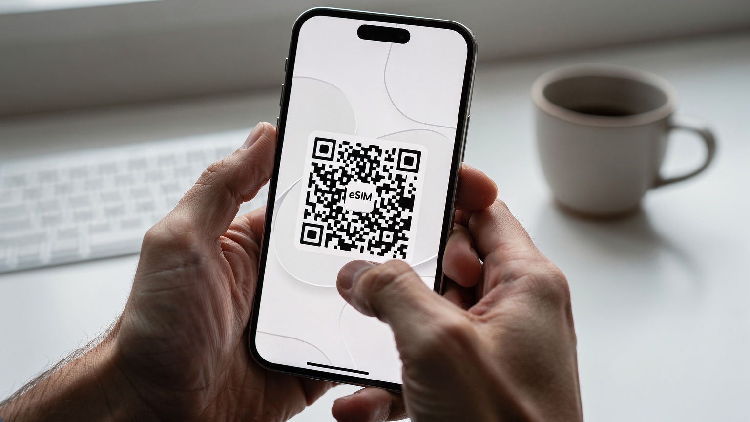 Nahaufnahme von Händen, die ein Smartphone halten, auf dessen Bildschirm ein QR-Code für die eSIM-Installation zu sehen ist.