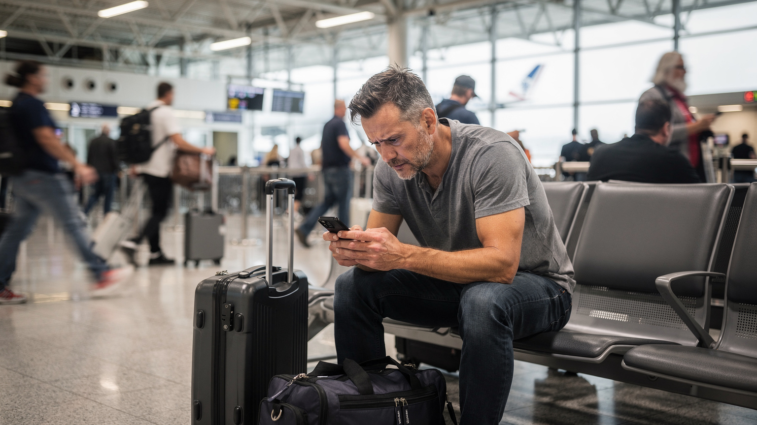 Ein Reisender sitzt nachdenklich am Flughafen und starrt auf sein Smartphone, vermutlich wegen eines Verbindungsproblems oder einer fehlgeschlagenen Buchung.