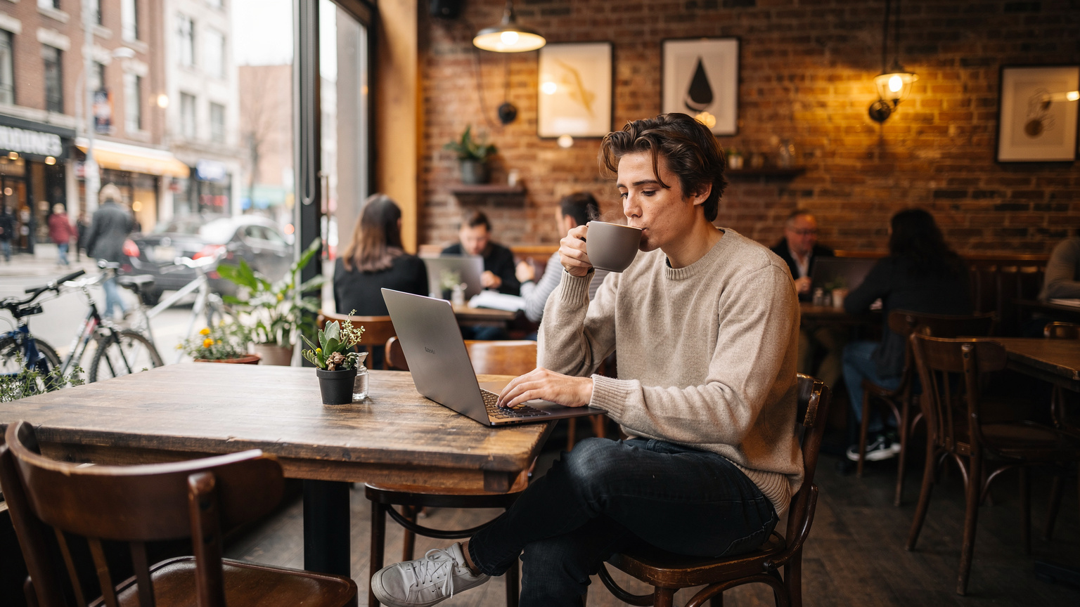 Eine Person sitzt in einem Café in einem trendigen Viertel von Montreal, nippt an einem Kaffee und nutzt das WLAN, während sie auf ihrem Laptop arbeitet.