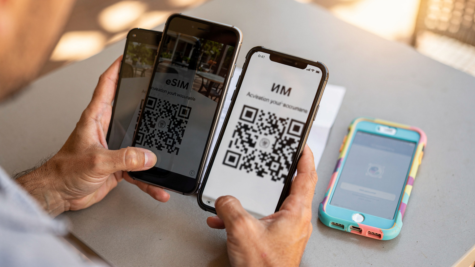 Ręka rodzica skanująca kod QR z innego telefonu lub wydrukowanej kartki, aby aktywować eSIM na telefonie dziecka, z rozmazanym wakacyjnym tłem.