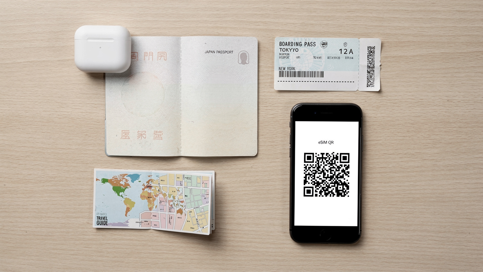 木製のデスクの上に、日本のパスポート、航空券、CellesimのeSIMがインストールされた最新のスマートフォン、そしてワイヤレスイヤホンと小さな世界地図が整理されて置かれている。
