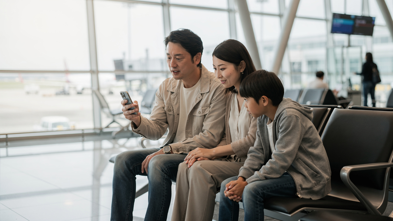 空港の出発ゲートの待合室で、日本の家族がベンチに座り、お父さんがeSIMをインストールしたスマートフォンを子供と妻に見せながら、旅の計画について話している。
