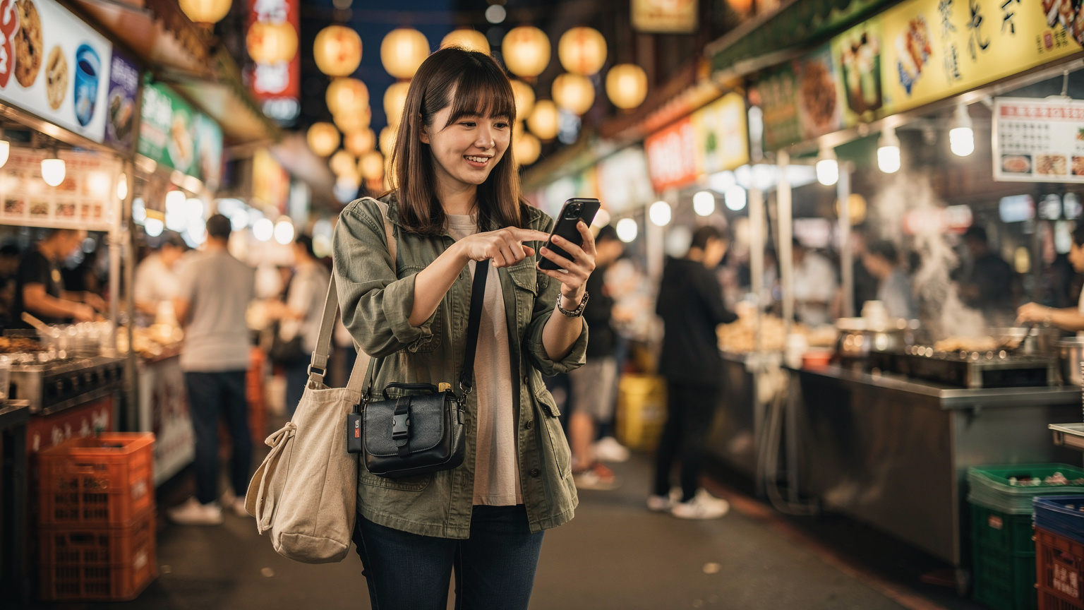 台湾の活気ある夜市で、若い日本人女性がスマートフォンの画面を指差しながら、友人と何かを話している様子。周囲には屋台の灯りや人々が行き交う。