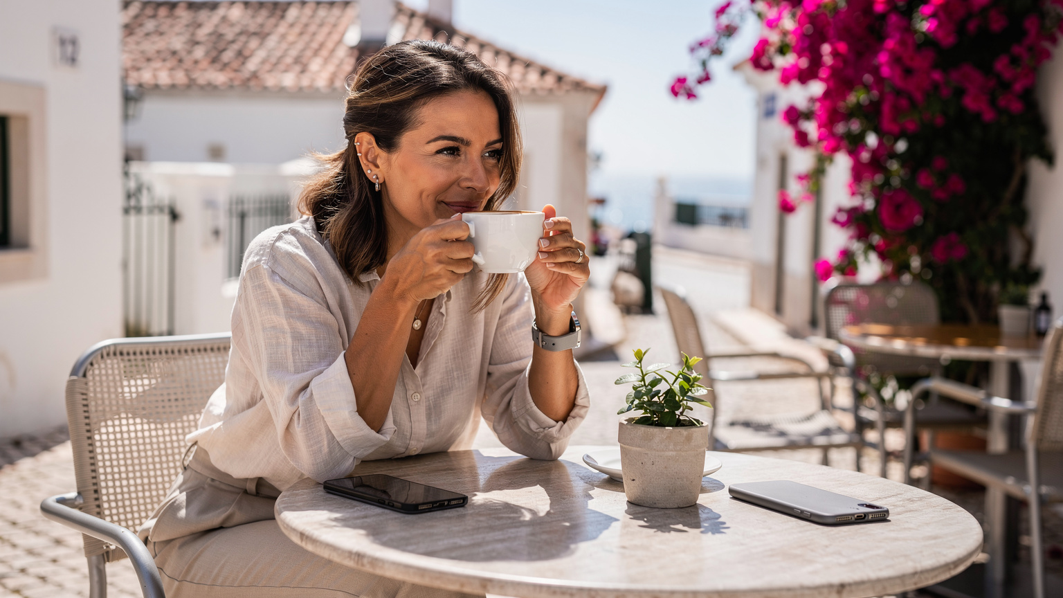 Uma mulher desfruta de um café num terraço em Lagos, Algarve, com o seu iPhone 18 ao lado, mostrando uma cena de relaxamento e conectividade.