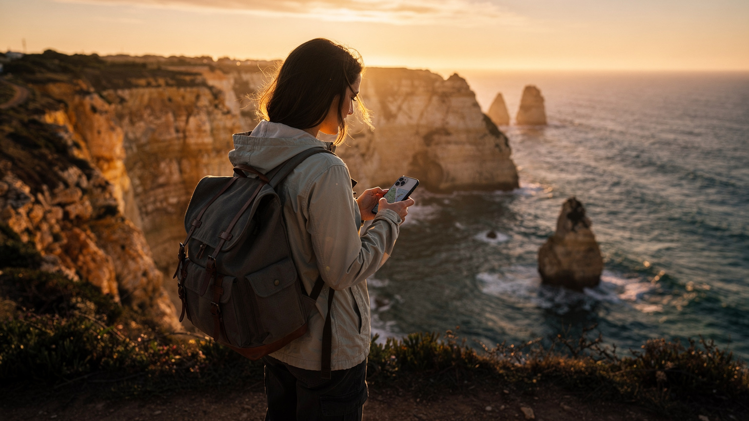 Uma viajante verifica o mapa no seu iPhone 18 enquanto desfruta do pôr do sol sobre as falésias da Praia da Marinha, com o Atlântico ao fundo.