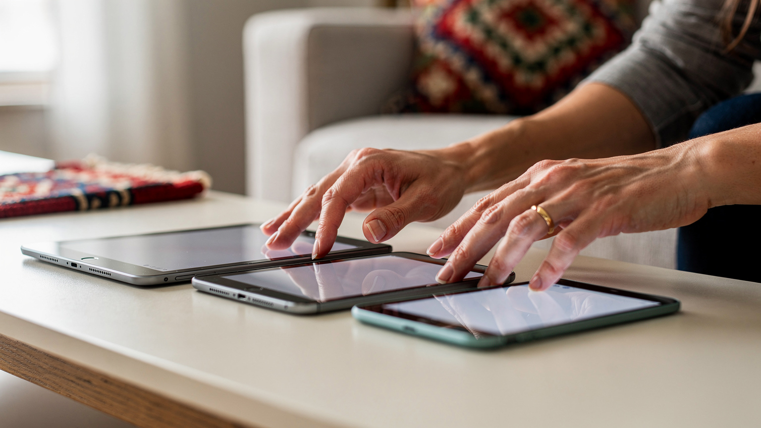 Avrupa seyahati öncesi tablet ve telefonları hazırlayan Türk bir anne, uygulamaları indiriyor ve ebeveyn kontrollerini ayarlıyor.