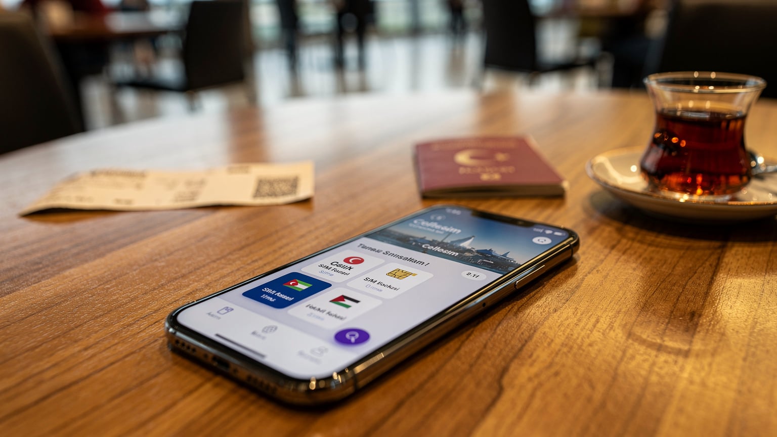 Bir akıllı telefon ekranında açık Cellesim uygulaması, arka planda pasaport ve biletler bulanık.