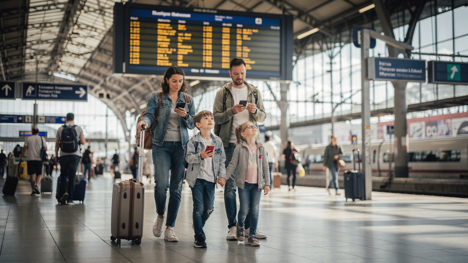 A family of four, parents and two children, walking through a busy train station in Frankfurt, Germany, with the children looking up at a departure board showing train schedules. The parents are checking their phones.