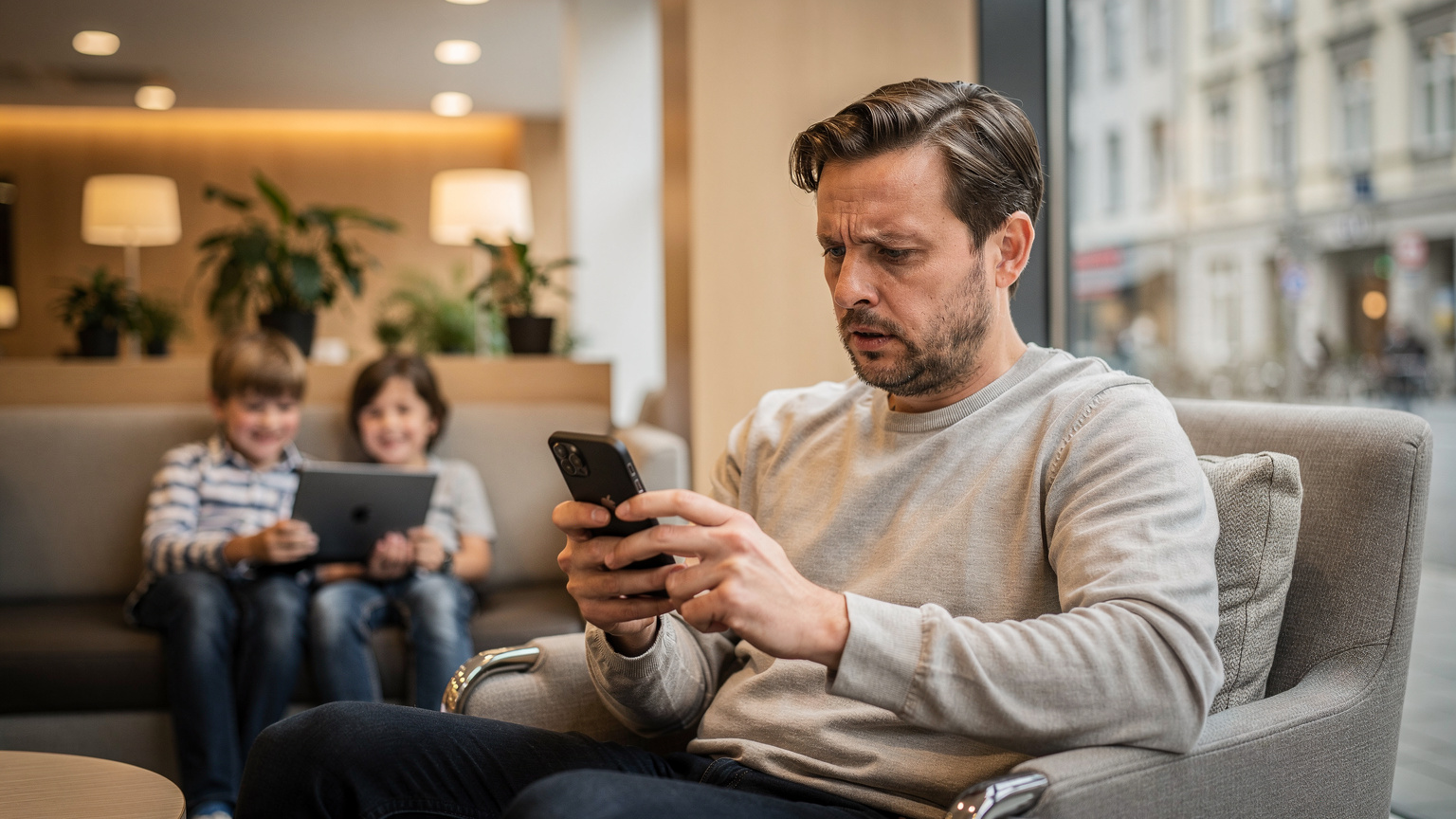 A parent looking at their smartphone with a slightly frustrated or concerned expression, perhaps trying to troubleshoot a network issue or data limit, while their two children are happily engrossed in their own tablets in the background.