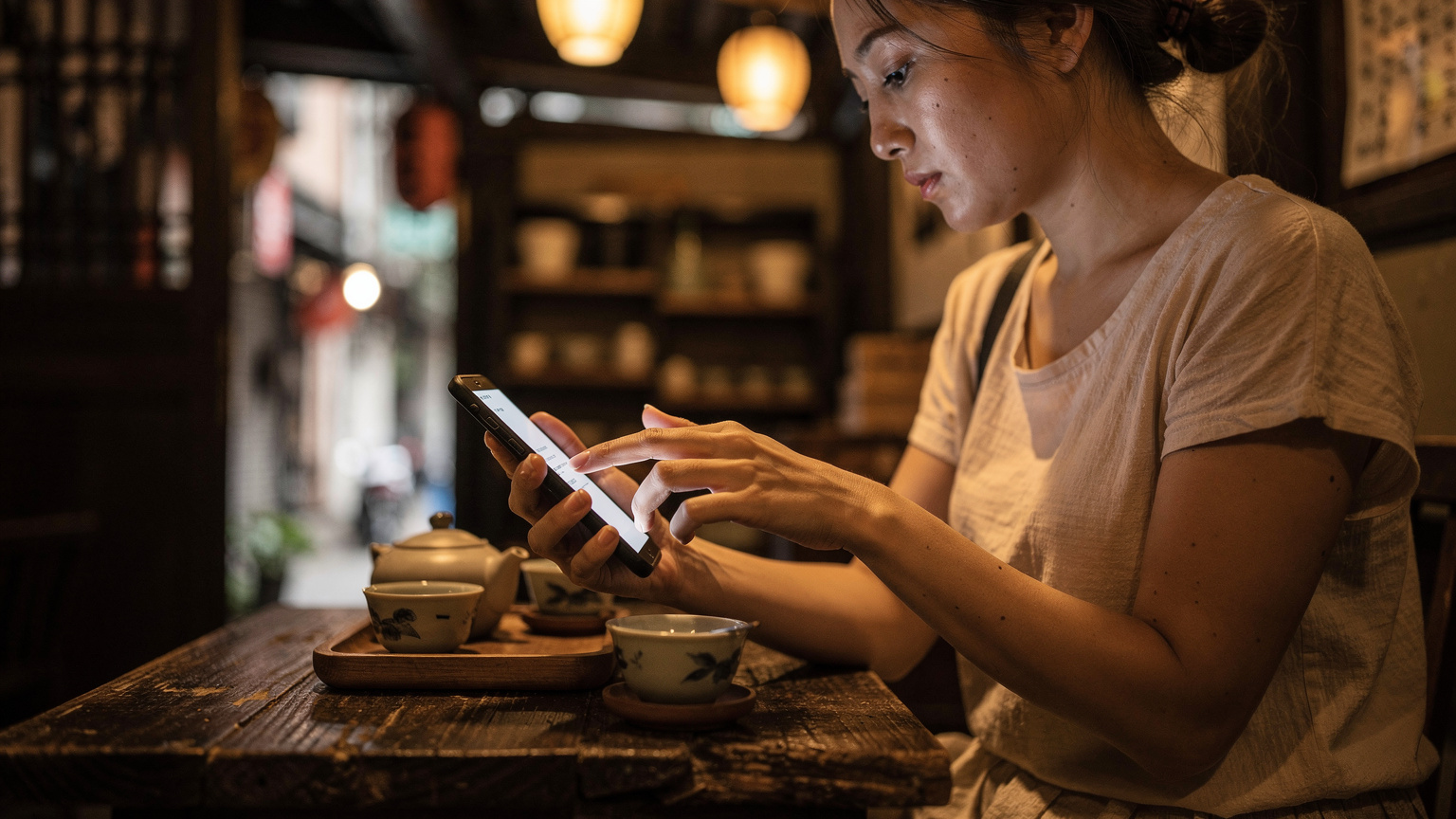 台湾・台北市内の路地裏にある小さな茶藝館で、旅行者がスマートフォンを手動設定モードにし、eSIMの情報を入力している様子。