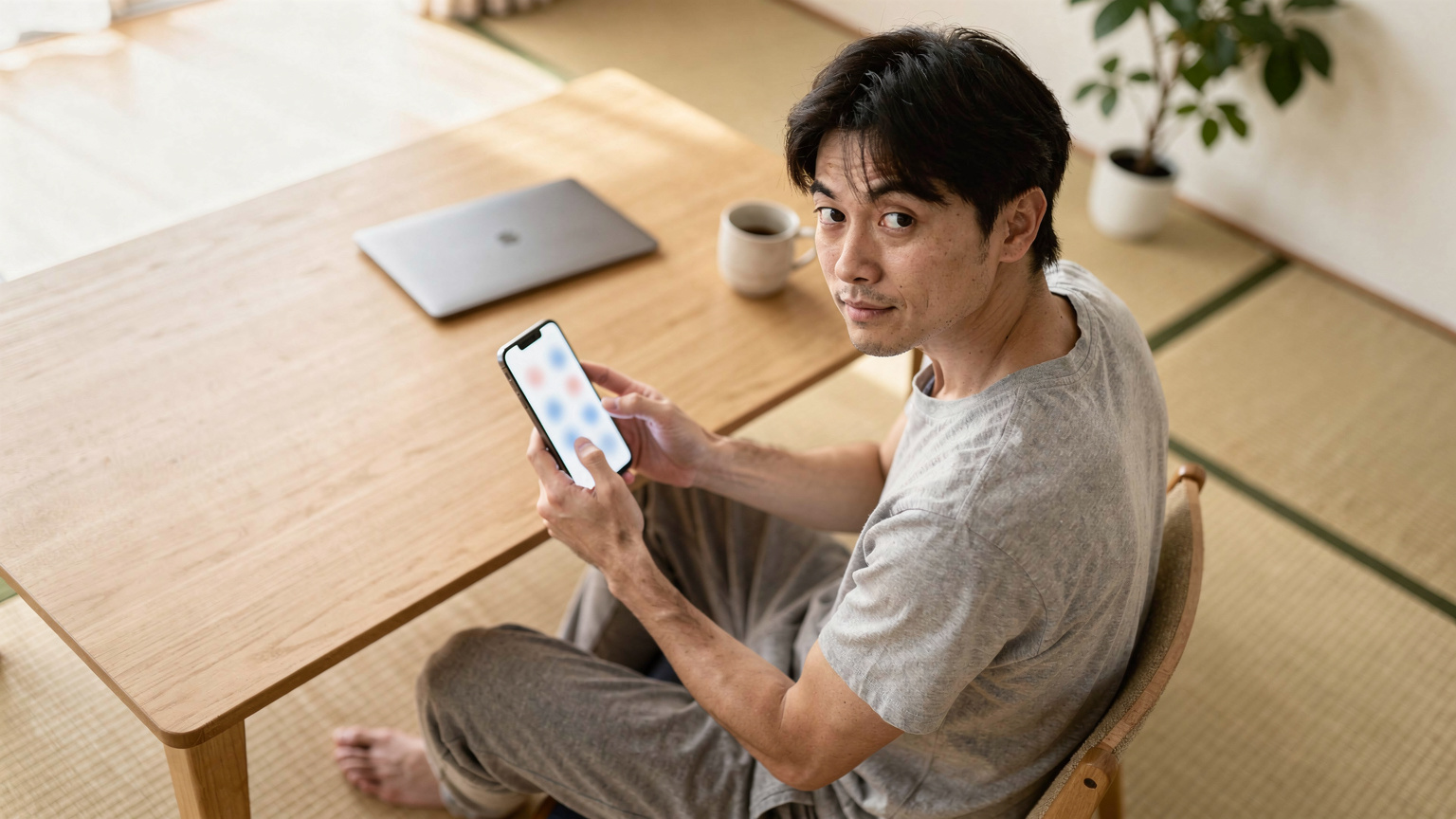 出発前の自宅で、iPhoneの「設定」アプリを開き、eSIMが利用可能かを確認している日本人男性。