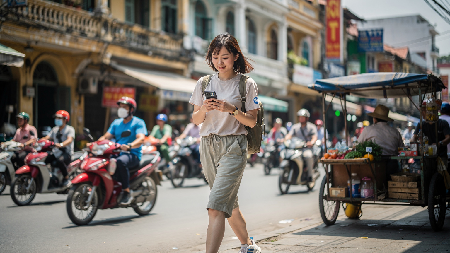 ベトナム・ホーチミンの賑やかな通りを、配車アプリを使いながら歩く日本人女性。彼女のスマートフォンにはeSIMのアイコンが確認できる。