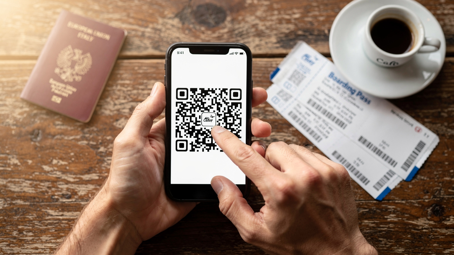 Un primo piano di mani che tengono un telefono mostrando un codice QR su uno schermo per l'attivazione di una eSIM, con un passaporto italiano e biglietti aerei sfocati sullo sfondo su un tavolo di un caffè.