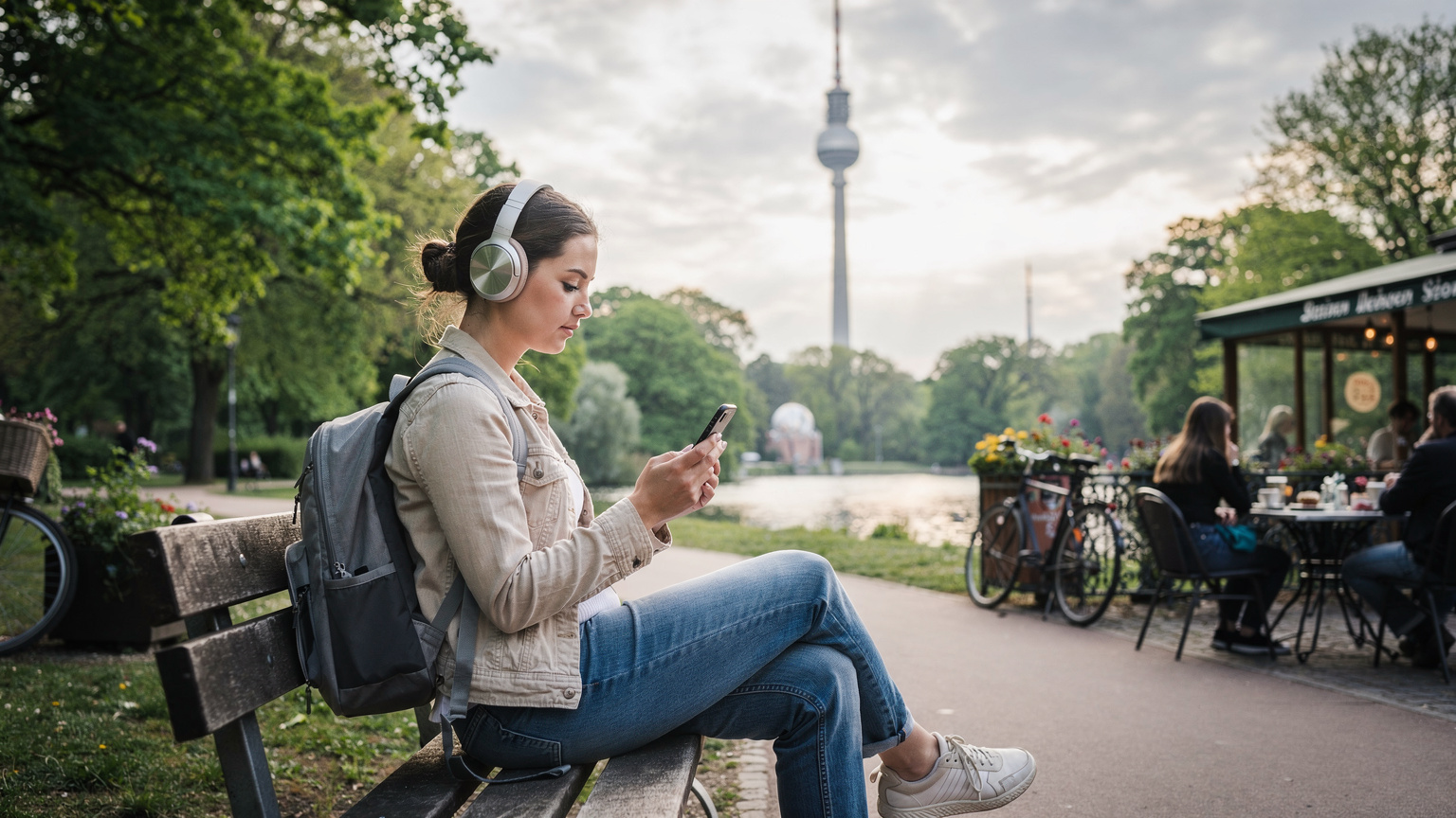 Una donna con uno zaino da viaggio e cuffie sta seduta su una panchina in un parco a Berlino, usando il suo smartphone per controllare una mappa, con la Fernsehturm visibile sullo sfondo e un caffè vicino.