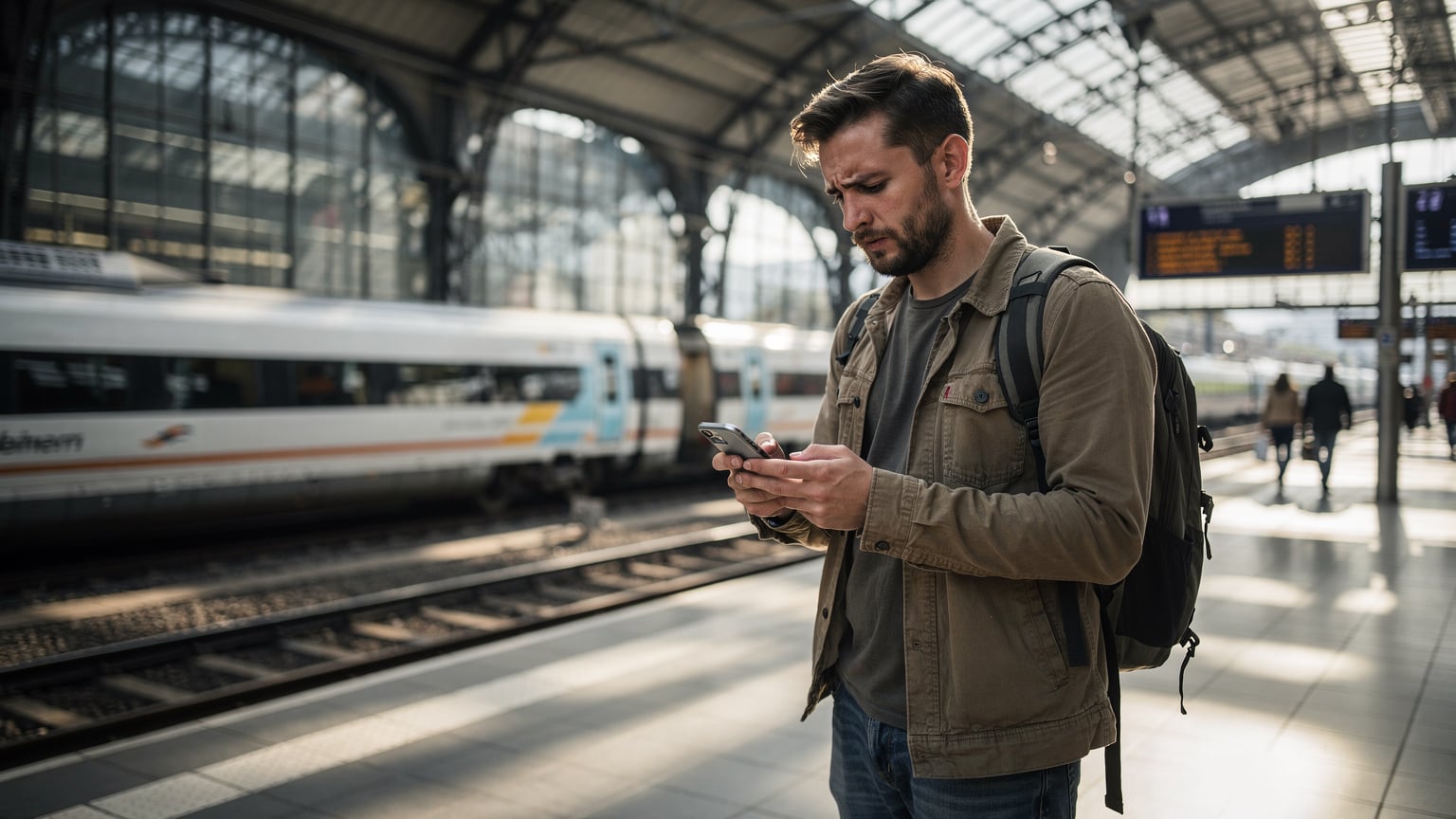 Un viaggiatore guarda il suo telefono con un'espressione confusa e frustrata, mentre si trova in una affollata stazione ferroviaria tedesca, con i treni che passano velocemente sullo sfondo.