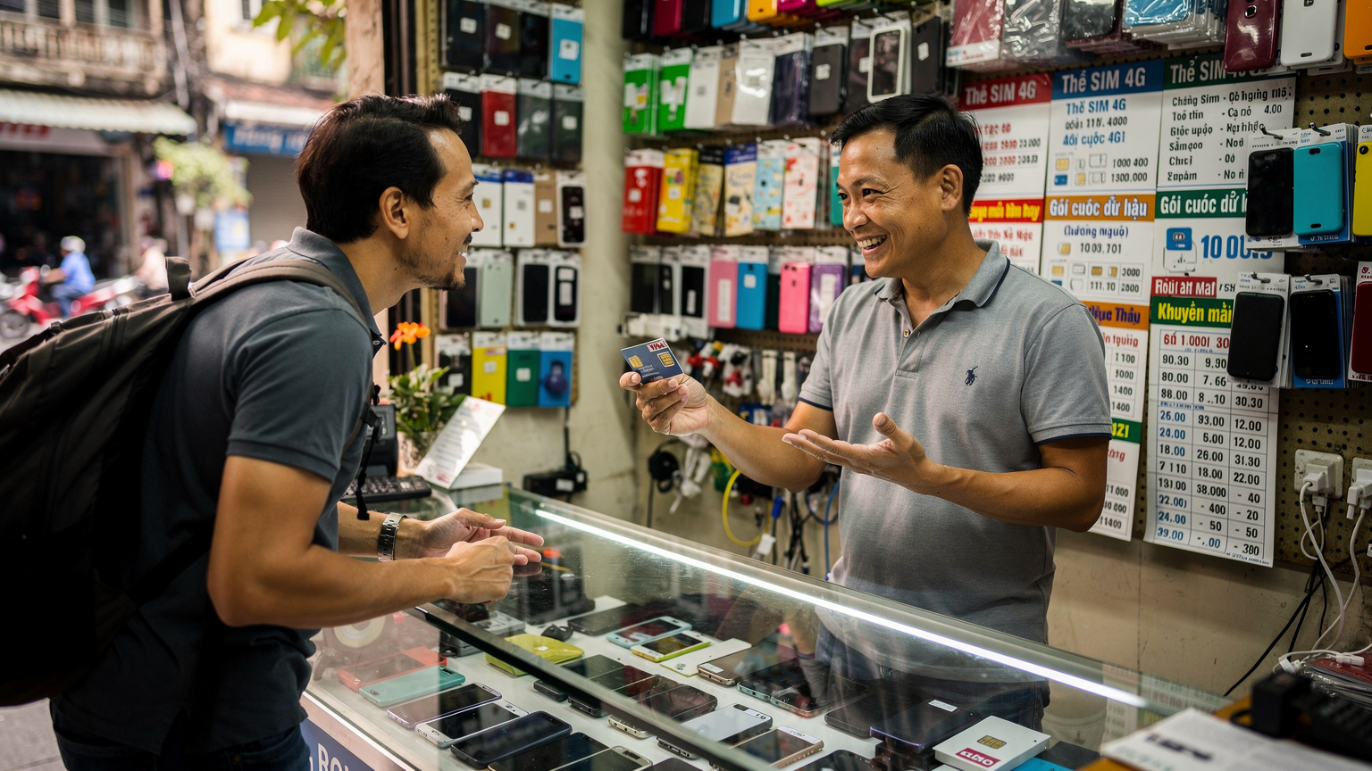 ベトナムのハノイ旧市街にある小さな携帯ショップの店頭。店員が顧客に現地SIMカードについて説明している様子。