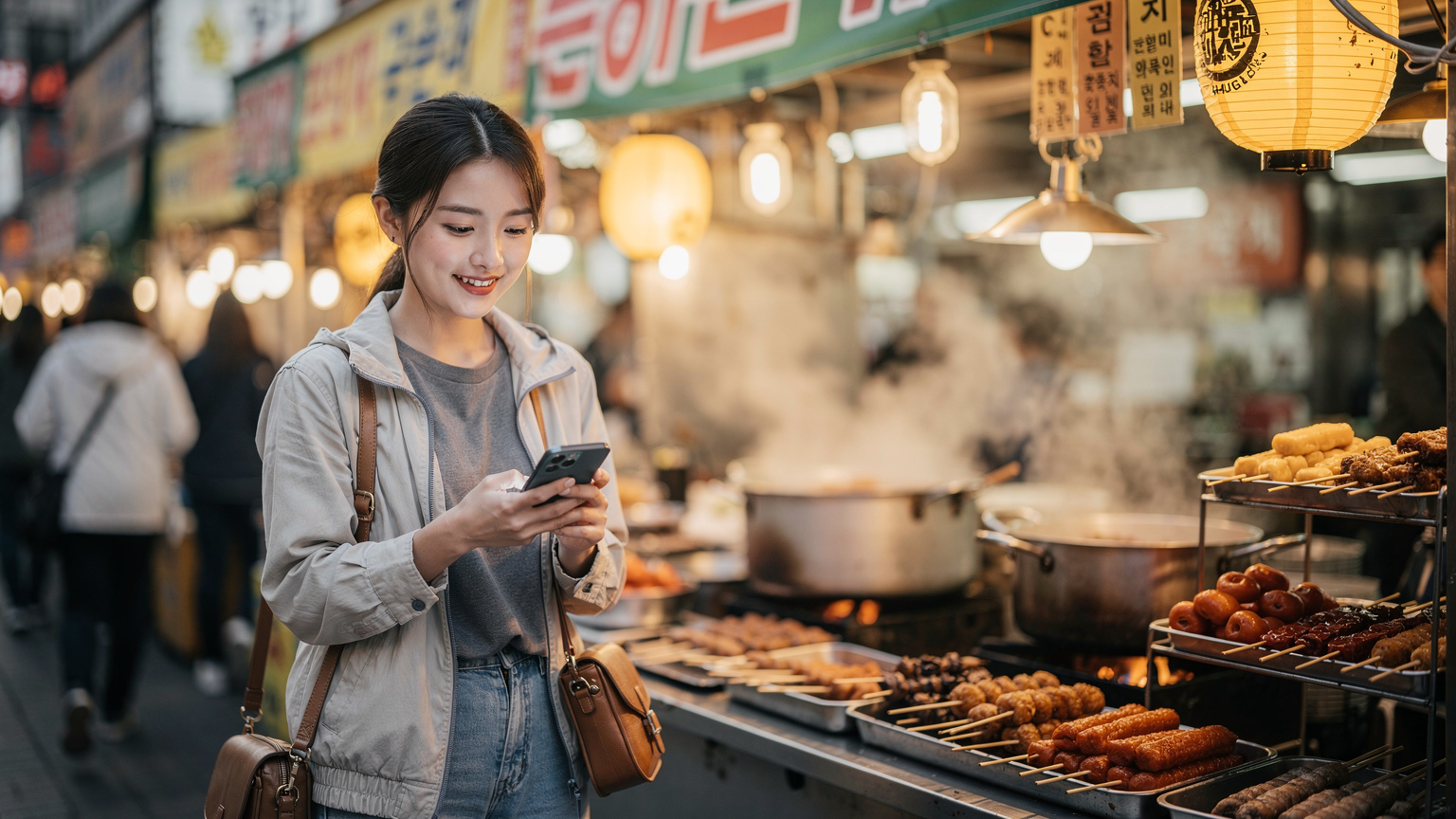 ソウルの南大門市場で、賑やかな屋台の食べ物を背景に、iPhoneでeSIMプランを確認している女性。