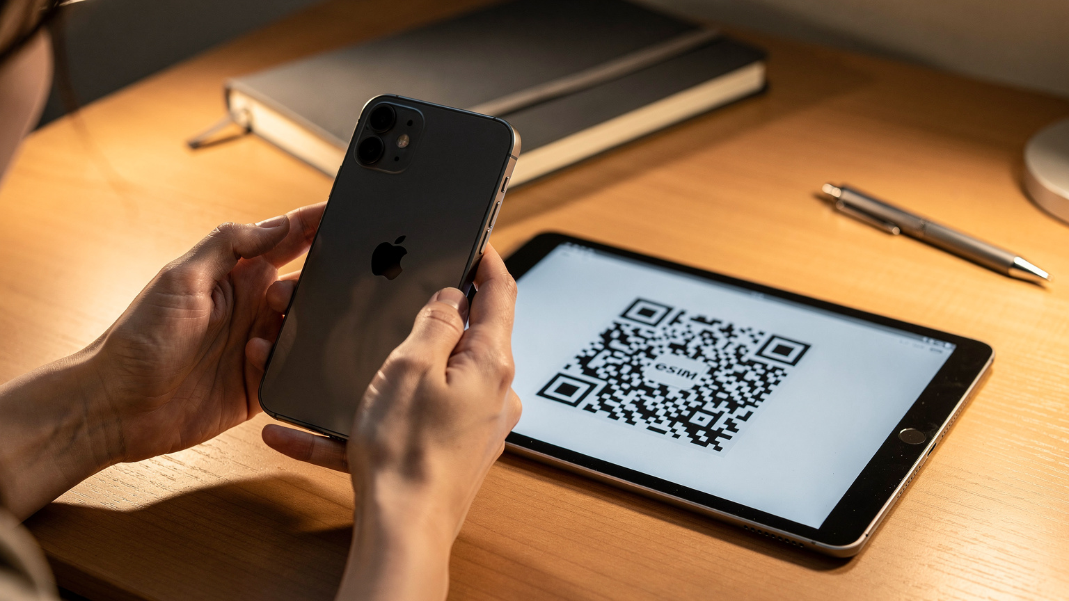 iPhoneのモバイル通信設定画面でeSIMを追加する手順を表示している手元。別のタブレットに表示されたQRコードをスキャンしようとしている。