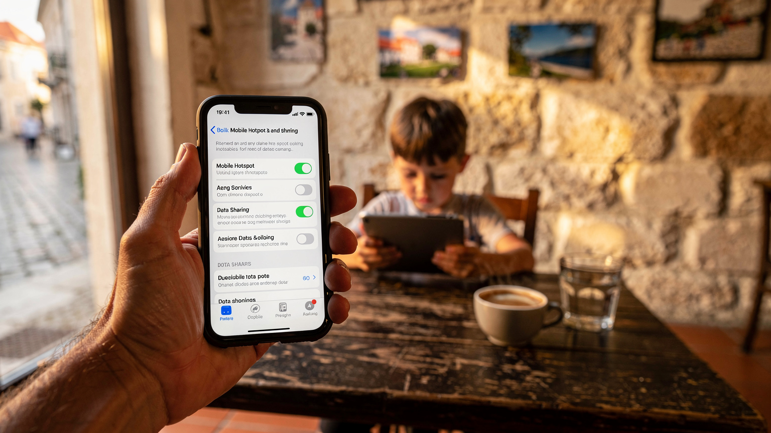 Dospělá ruka drží smartphone se zobrazeným nastavením hotspotu a sdílení dat, zatímco v pozadí je rozmazané dítě sedící s tabletem a soustředěně se na něj dívající v prostředí chorvatské kavárny.