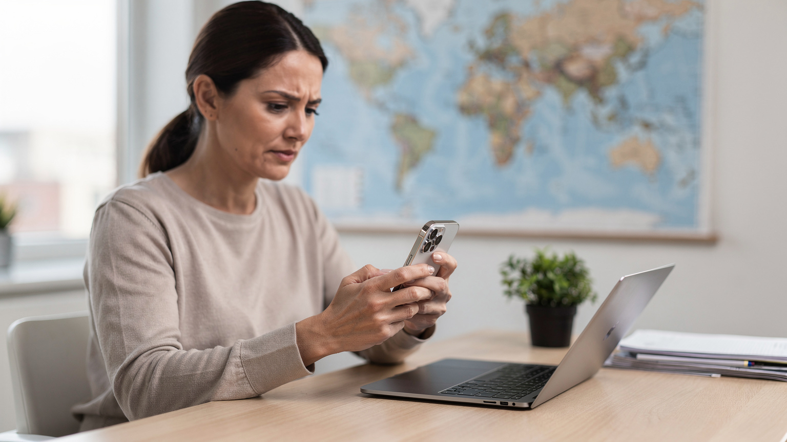 A parent carefully examining their iPhone's screen, reviewing eSIM plan options before a family trip, ensuring the best coverage for their children's devices.