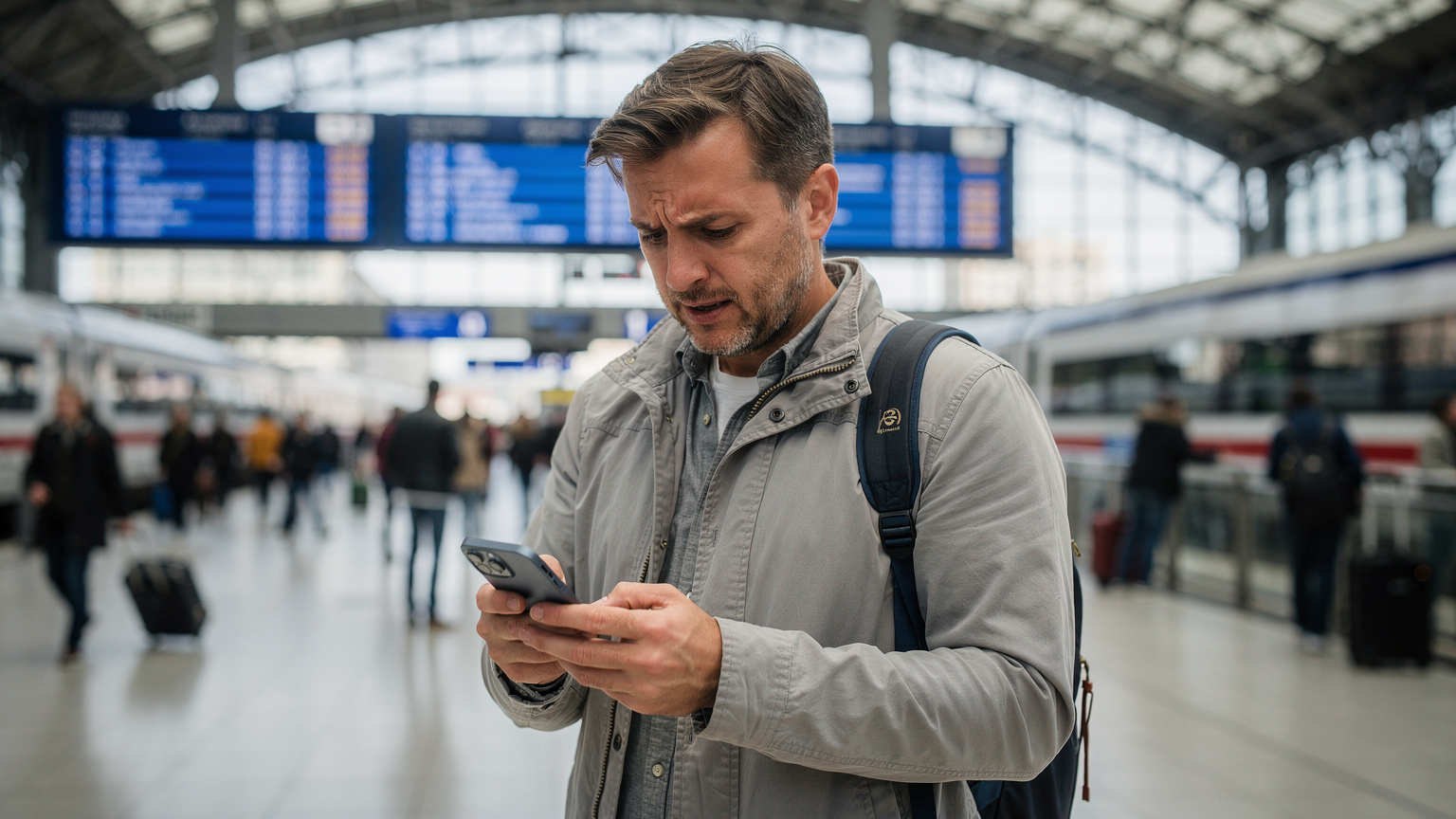 A traveler looking concerned at their iPhone screen, showing a "No Service" message, while standing inside a busy train station, indicating a connectivity issue.