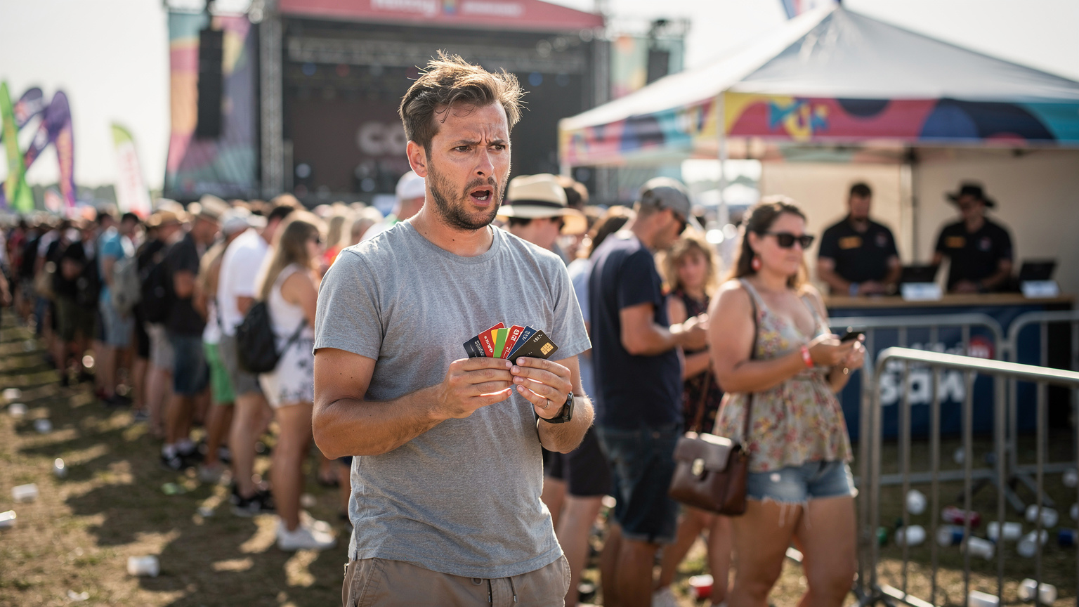 Mężczyzna z zakłopotaną miną trzyma w ręku kilka kart SIM, stojąc w długiej kolejce do punktu obsługi klienta na festiwalu.