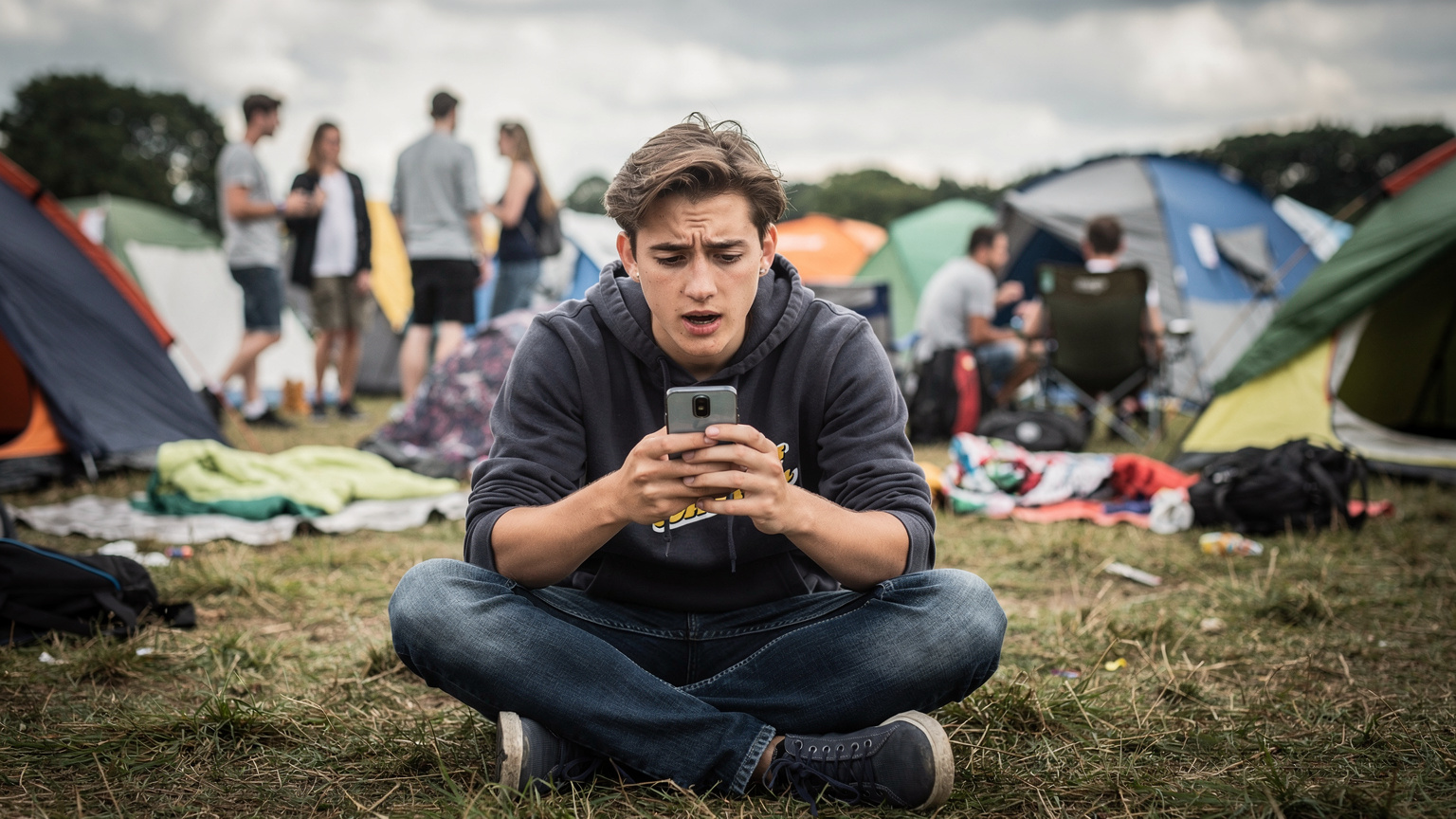 Młody mężczyzna przegląda zaniepokojony swój rachunek telefoniczny na smartfonie, siedząc na polu namiotowym festiwalu, w tle widać rozproszone namioty i ludzi.