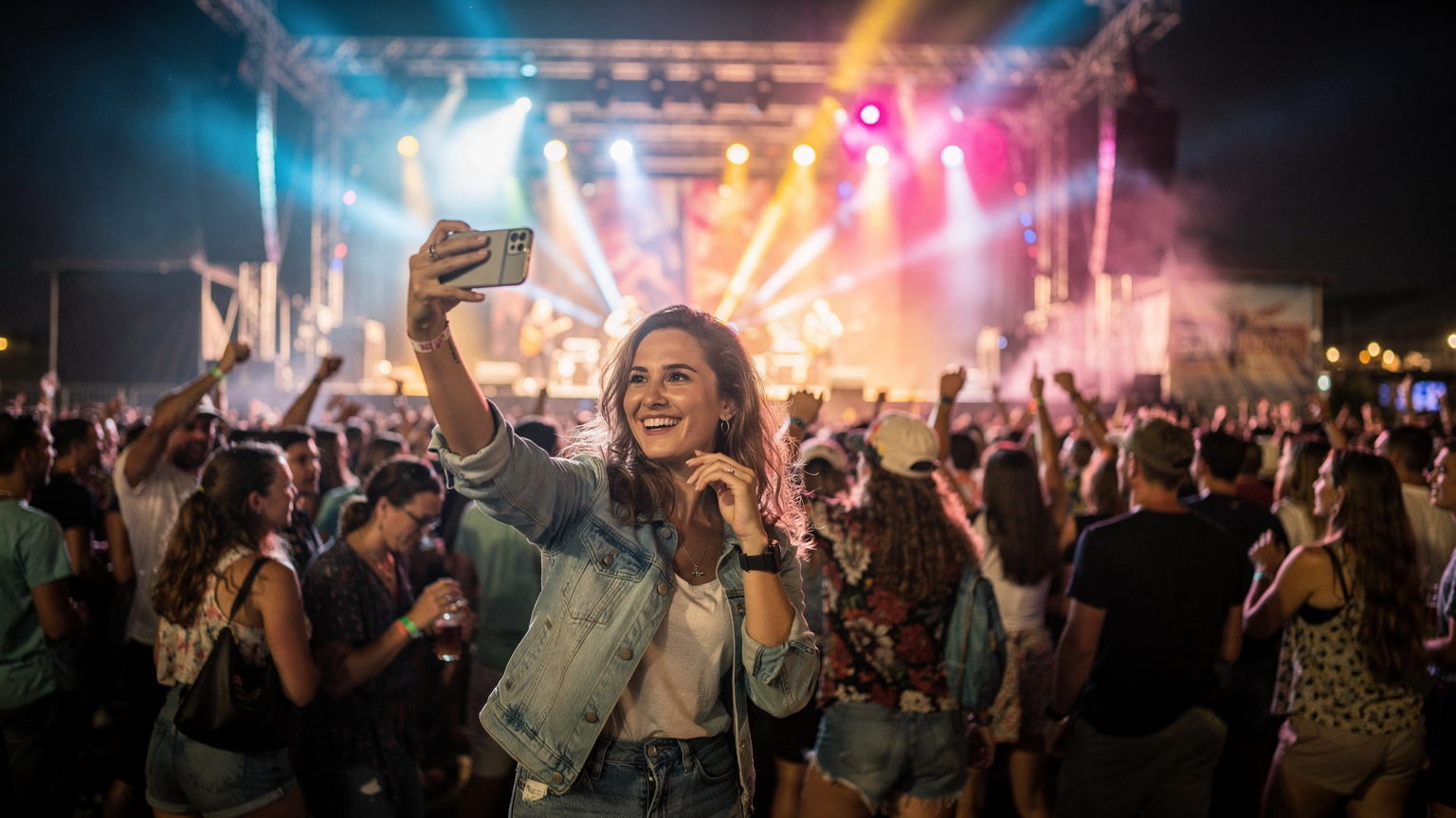 Młoda kobieta z uśmiechem nagrywa wideo smartfonem na tle rozświetlonej sceny festiwalowej i tańczącego tłumu.
