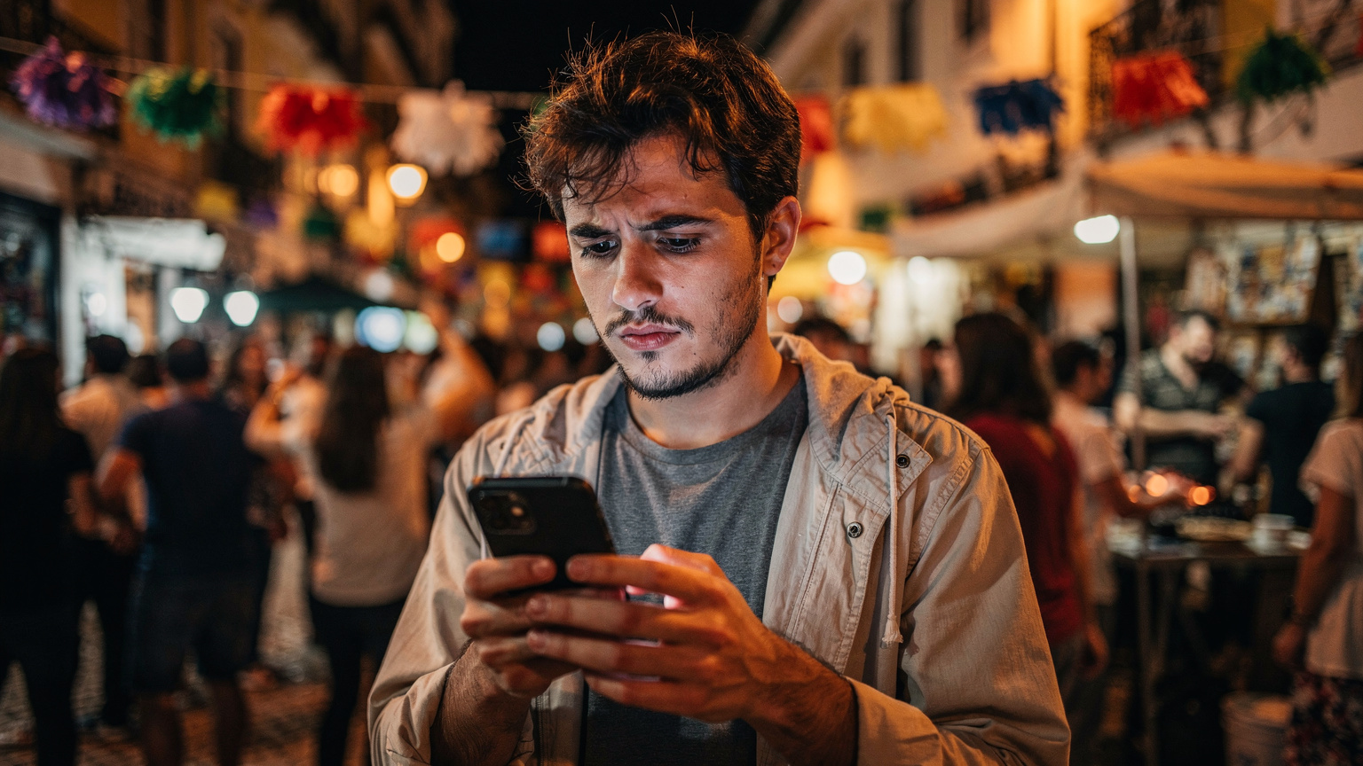Uma pessoa a olhar para o seu smartphone com uma expressão de preocupação, rodeada por uma multidão durante um arraial em Lisboa, ilustrando um possível problema de conectividade ou segurança.