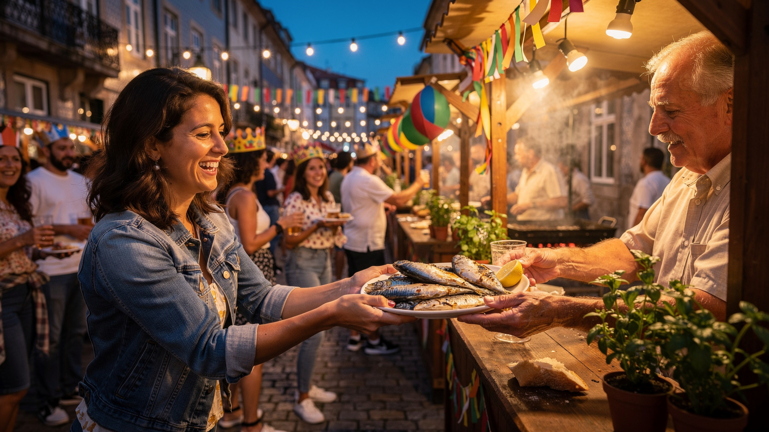 Uma mulher a interagir com um vendedor de sardinhas assadas num arraial de São João no Porto, com barracas coloridas e pessoas a celebrar ao fundo, capturando a essência cultural do evento.