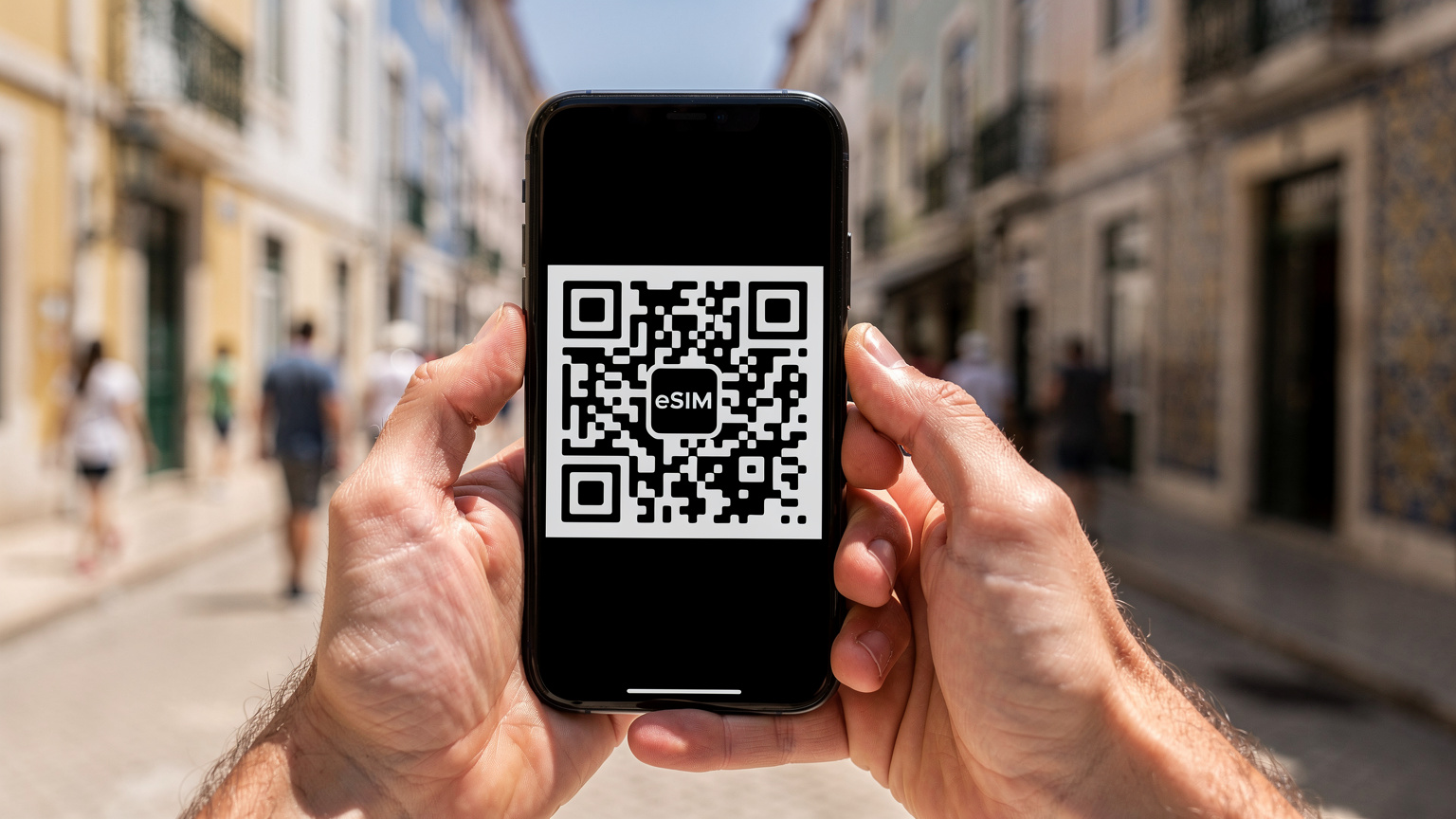 Uma pessoa a ativar o seu eSIM através de um código QR num smartphone, em Lisboa, com o ambiente movimentado da cidade ao fundo.