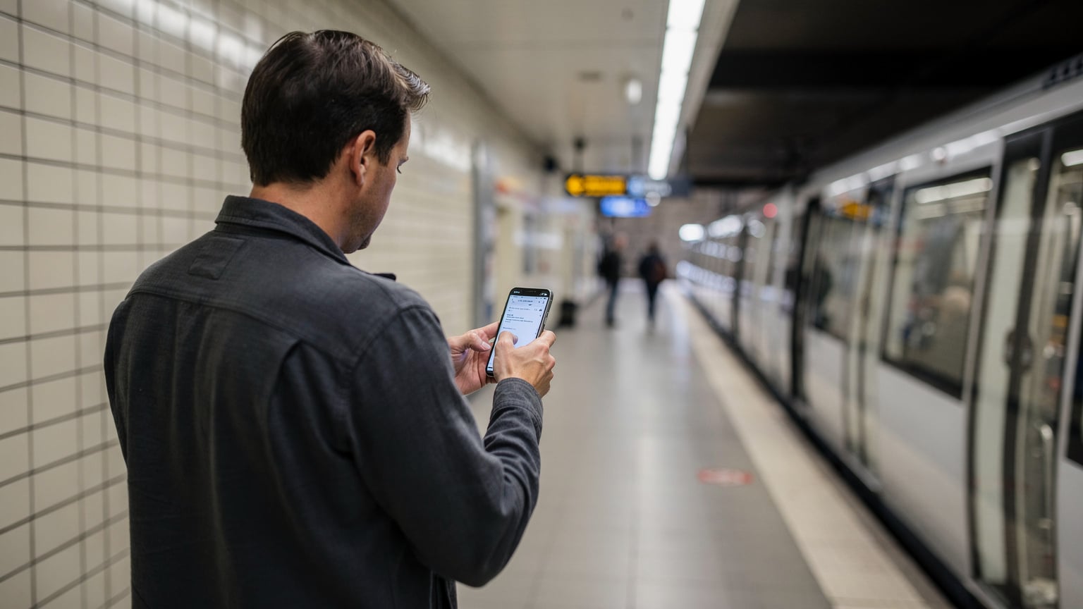 En person tittar på sin telefon vid en metrostation i Köpenhamn, med ett tåg som anländer i bakgrunden.