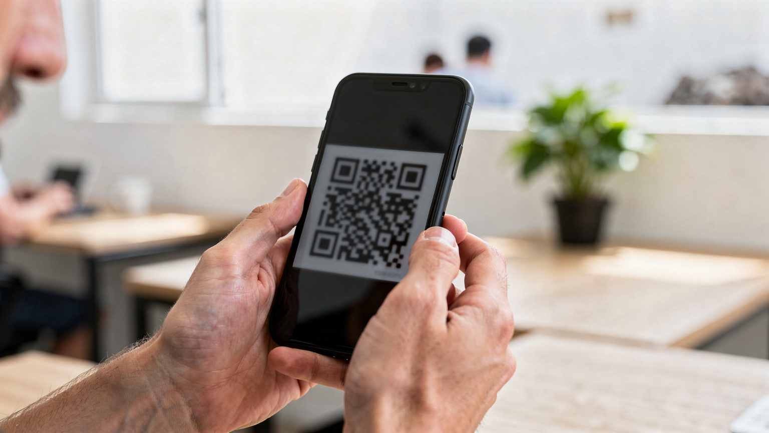 Mãos de uma pessoa segurando um smartphone com um QR code na tela, preparando-se para ativar um eSIM, em um ambiente de co-working em Galápagos.