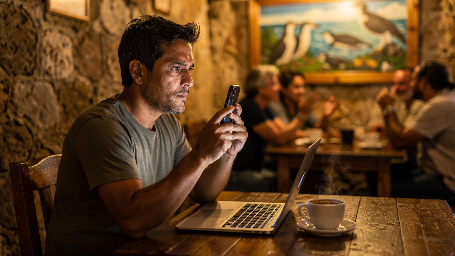 Um homem em um café em Puerto Ayora, Galápagos, usando um laptop enquanto verifica o sinal do telefone, com uma xícara de café na mesa e pessoas ao fundo.