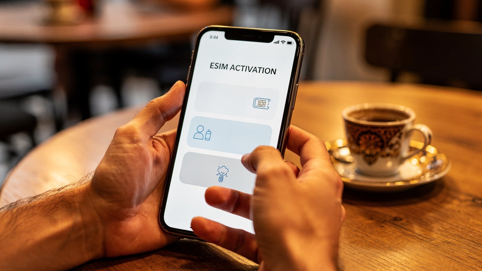 Bir kafede kahvesini yudumlarken akıllı telefonundan eSIM aktivasyonunu tamamlayan bir kişi.
