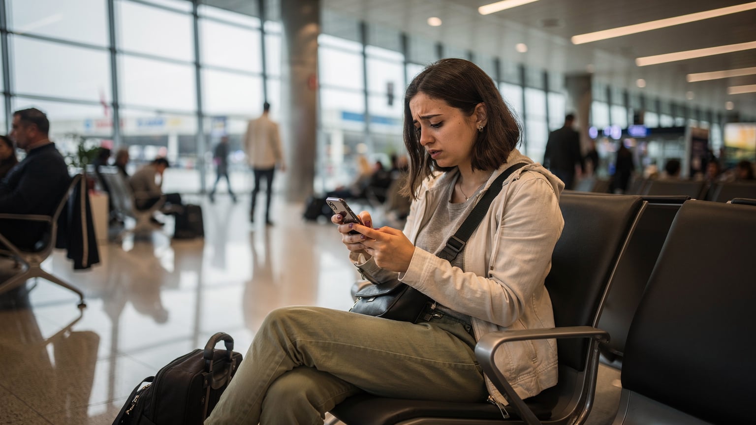 Bir havalimanı bekleme salonunda, telefonundaki Wi-Fi bağlantısını kontrol ederken endişeli görünen bir gezgin.