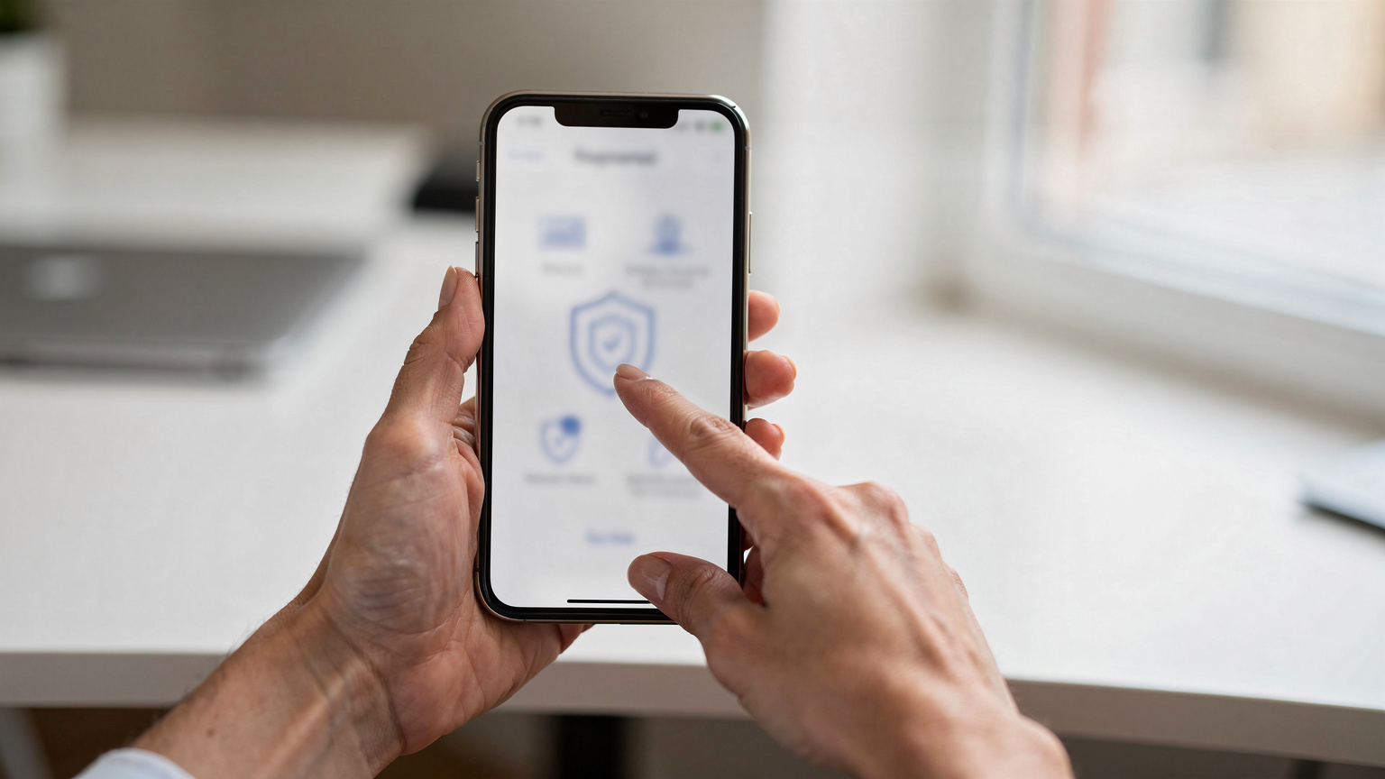 Bir kadının elleri, akıllı telefonunda bir eSIM uygulamasını açmış, parmağı ekranda gezinirken güvenlik ayarlarını kontrol ediyor.