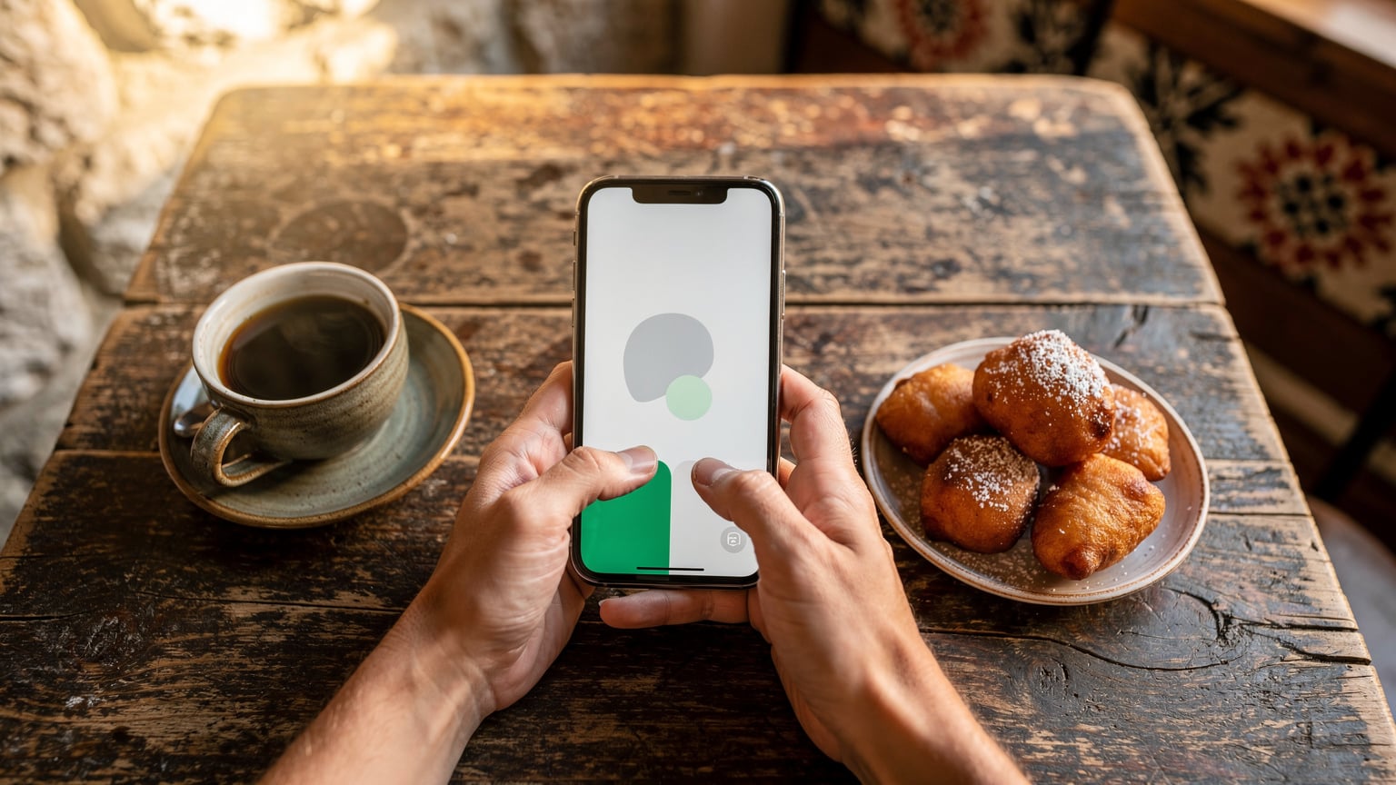 Un călător folosește o aplicație de buget pe smartphone într-o cafenea cochetă din Kotor, Muntenegru, cu o ceașcă de cafea și o prăjitură locală pe masă, sub lumina difuză a dimineții.